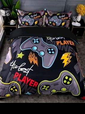 Gaming Controller Duvet Cover Set - Black with Multi-Color Accents
